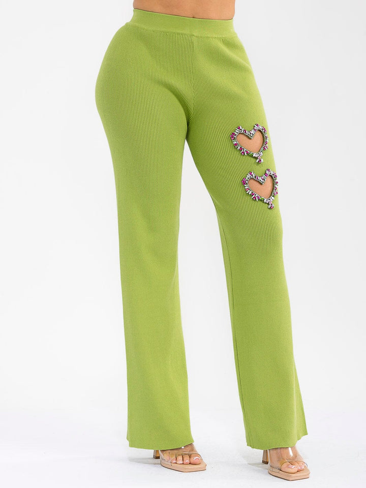 WOMEN'S ELASTIC WAIST HEART STUDS DETAILED RIBBED WIDE LEG PANTS
