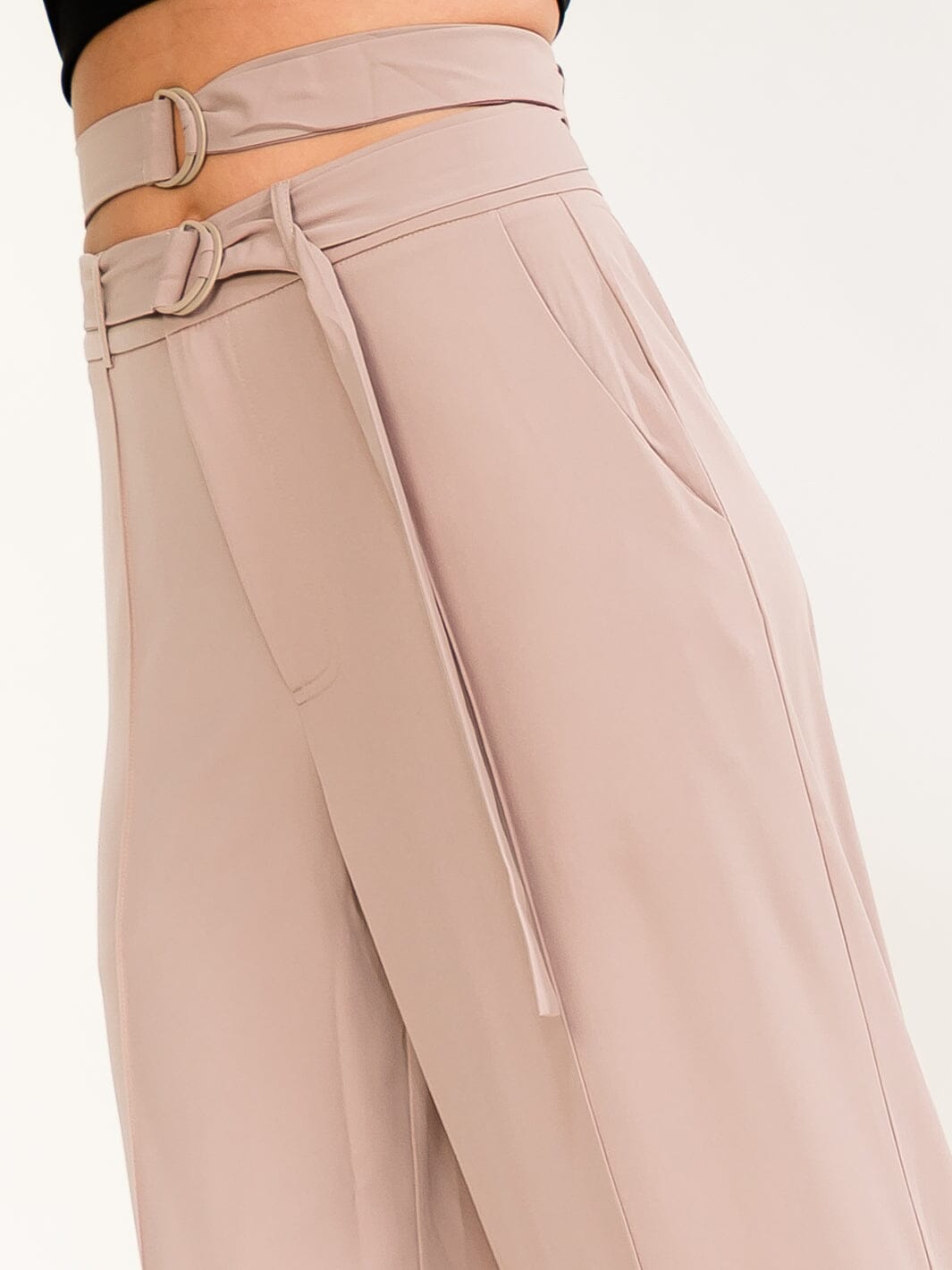 WOMEN'S BUTTON CLOSURE BELTED FRONT POCKETS WIDE LEG PANTS