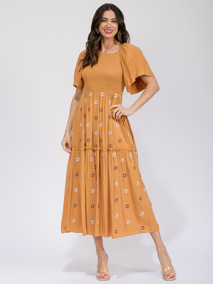 WOMEN'S SHORT SLEEVE SMOCK TIERED EMBROIDERY FLOWERS MAXI DRESS