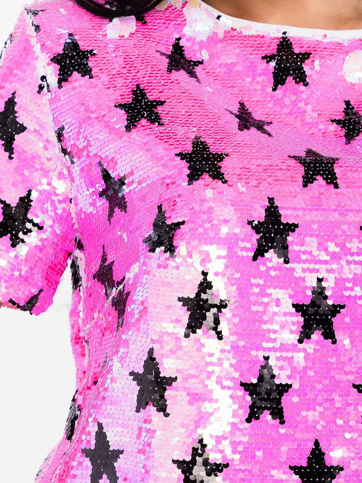 WOMEN'S SHORT SLEEVE STARS PRINT SEQUINS BLOUSE