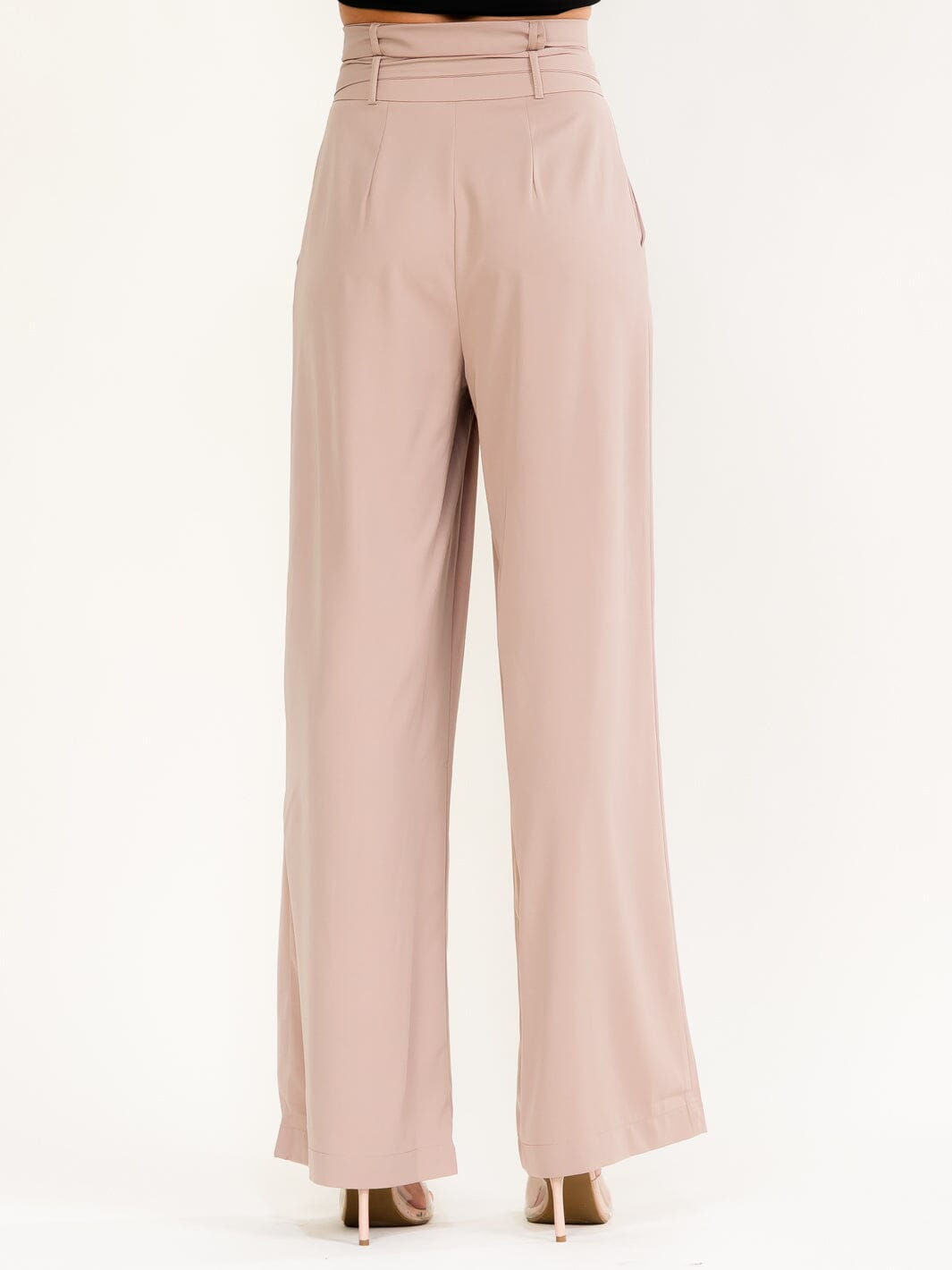 WOMEN'S BUTTON CLOSURE BELTED FRONT POCKETS WIDE LEG PANTS