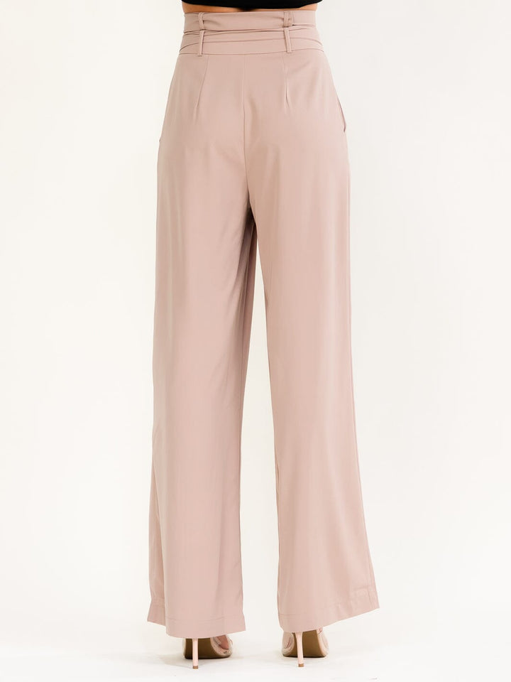 WOMEN'S BUTTON CLOSURE BELTED FRONT POCKETS WIDE LEG PANTS