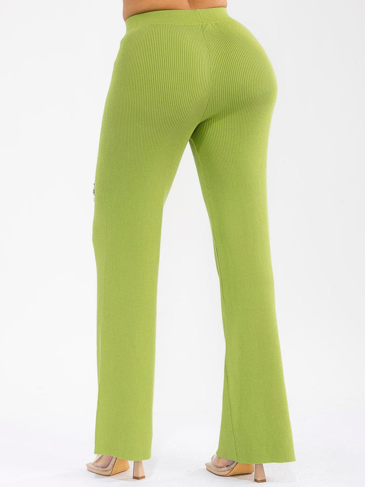 WOMEN'S ELASTIC WAIST HEART STUDS DETAILED RIBBED WIDE LEG PANTS