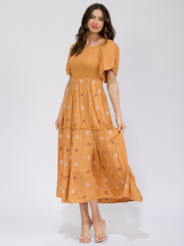 WOMEN'S SHORT SLEEVE SMOCK TIERED EMBROIDERY FLOWERS MAXI DRESS