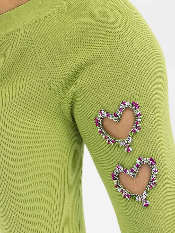 WOMEN'S ELASTIC WAIST HEART STUDS DETAILED RIBBED WIDE LEG PANTS