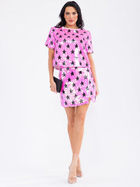 WOMEN'S SHORT SLEEVE STARS PRINT SEQUINS BLOUSE