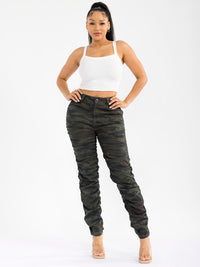 WOMEN'S BUTTON CLOSURE POCKETS RUCHED STRETCH CAMO PRINT SKINNY PANTS