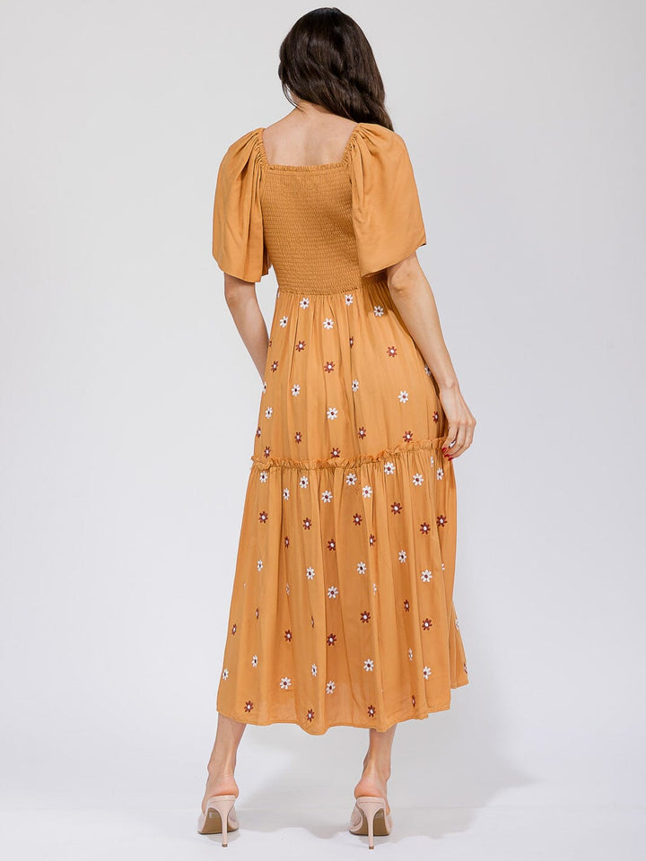 WOMEN'S SHORT SLEEVE SMOCK TIERED EMBROIDERY FLOWERS MAXI DRESS
