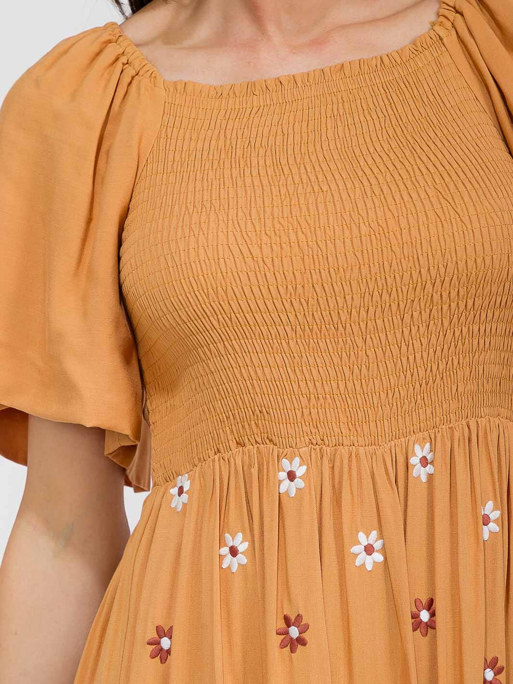 WOMEN'S SHORT SLEEVE SMOCK TIERED EMBROIDERY FLOWERS MAXI DRESS