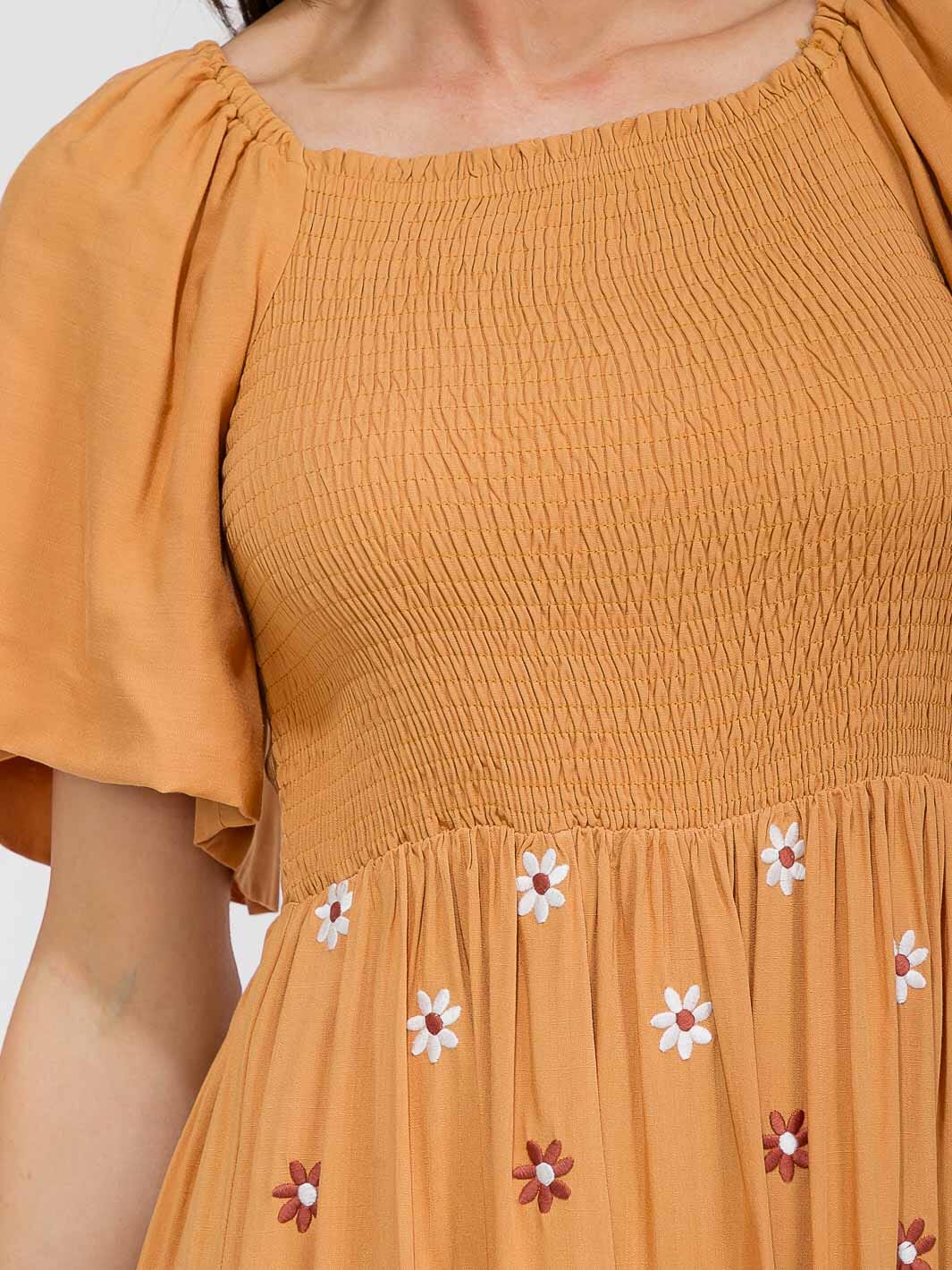 WOMEN'S SHORT SLEEVE SMOCK TIERED EMBROIDERY FLOWERS MAXI DRESS