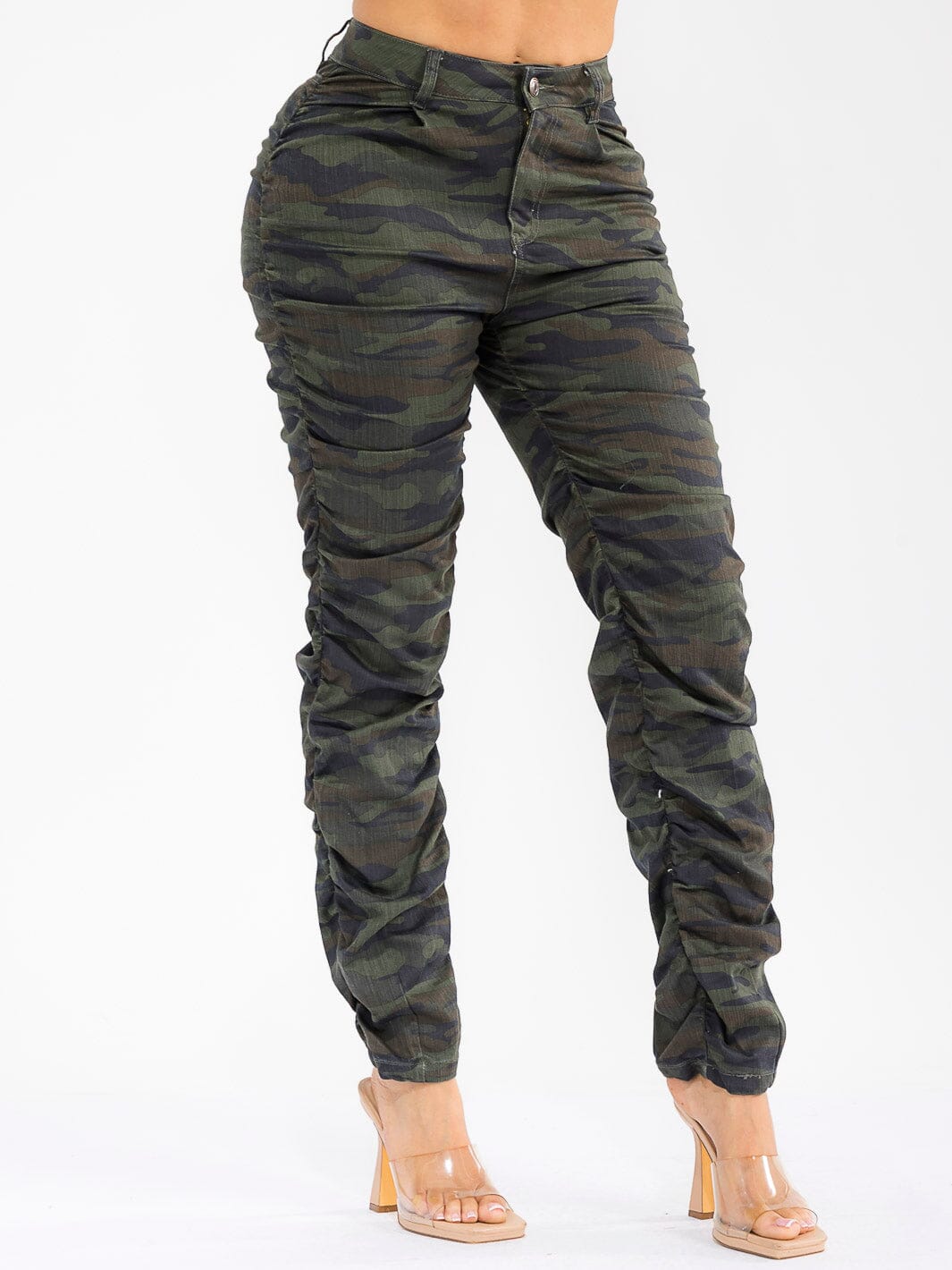 WOMEN'S BUTTON CLOSURE POCKETS RUCHED STRETCH CAMO PRINT SKINNY PANTS