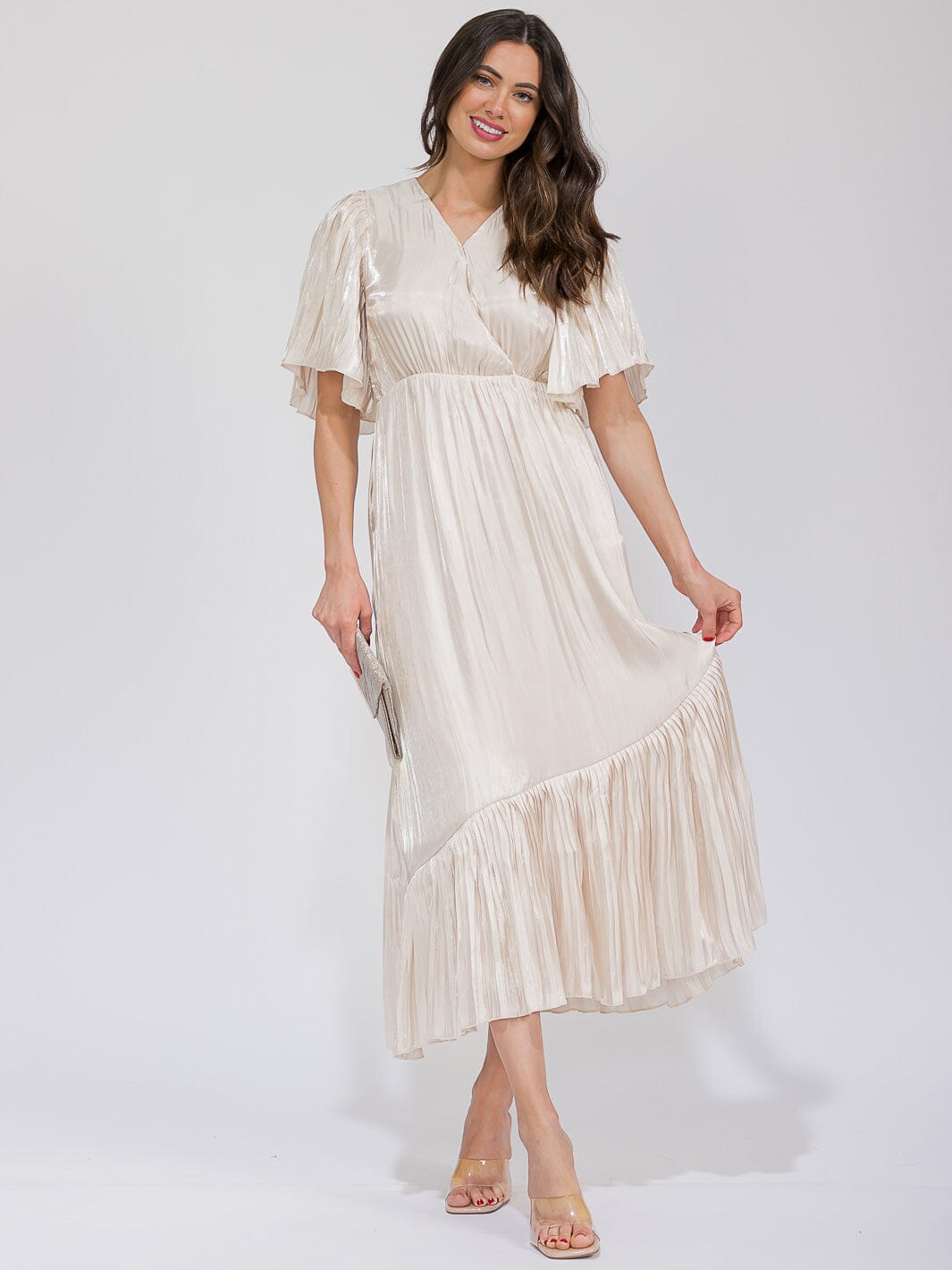 WOMEN'S SHORT SLEEVE SURPLICE TIERED MAXI DRESS