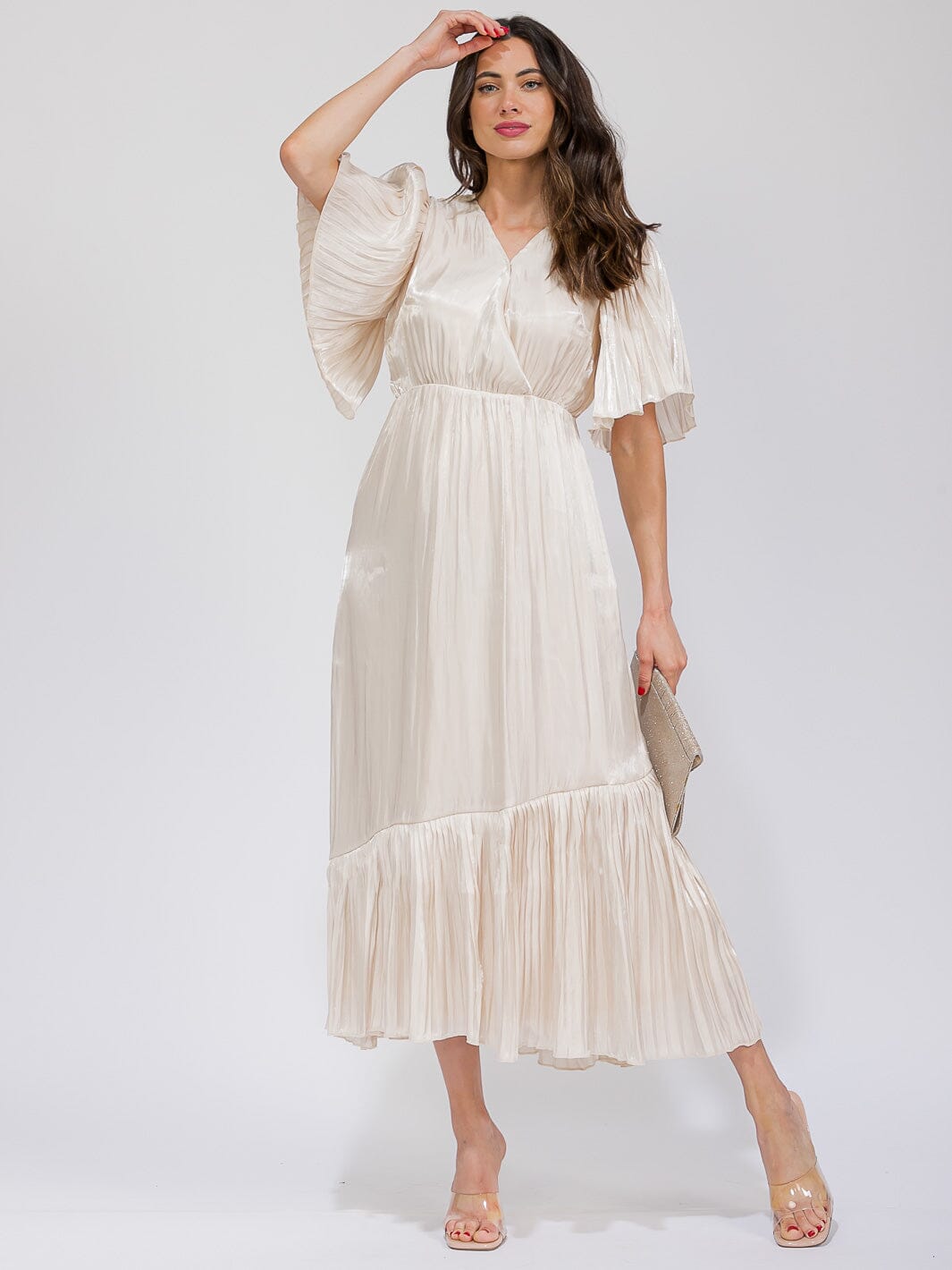 WOMEN'S SHORT SLEEVE SURPLICE TIERED MAXI DRESS