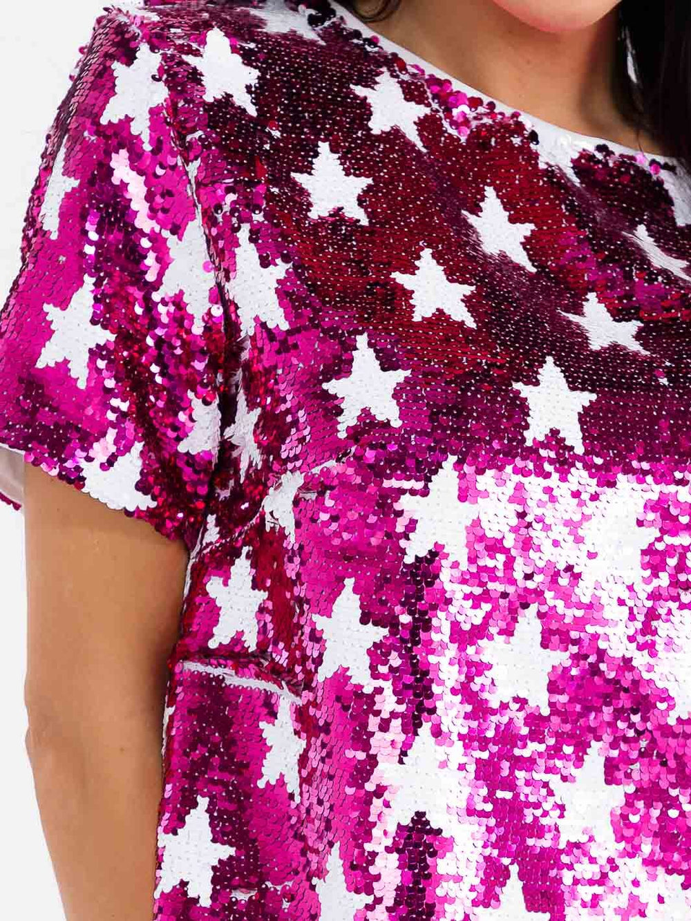 WOMEN'S SHORT SLEEVE STARS PRINT SEQUINS BLOUSE