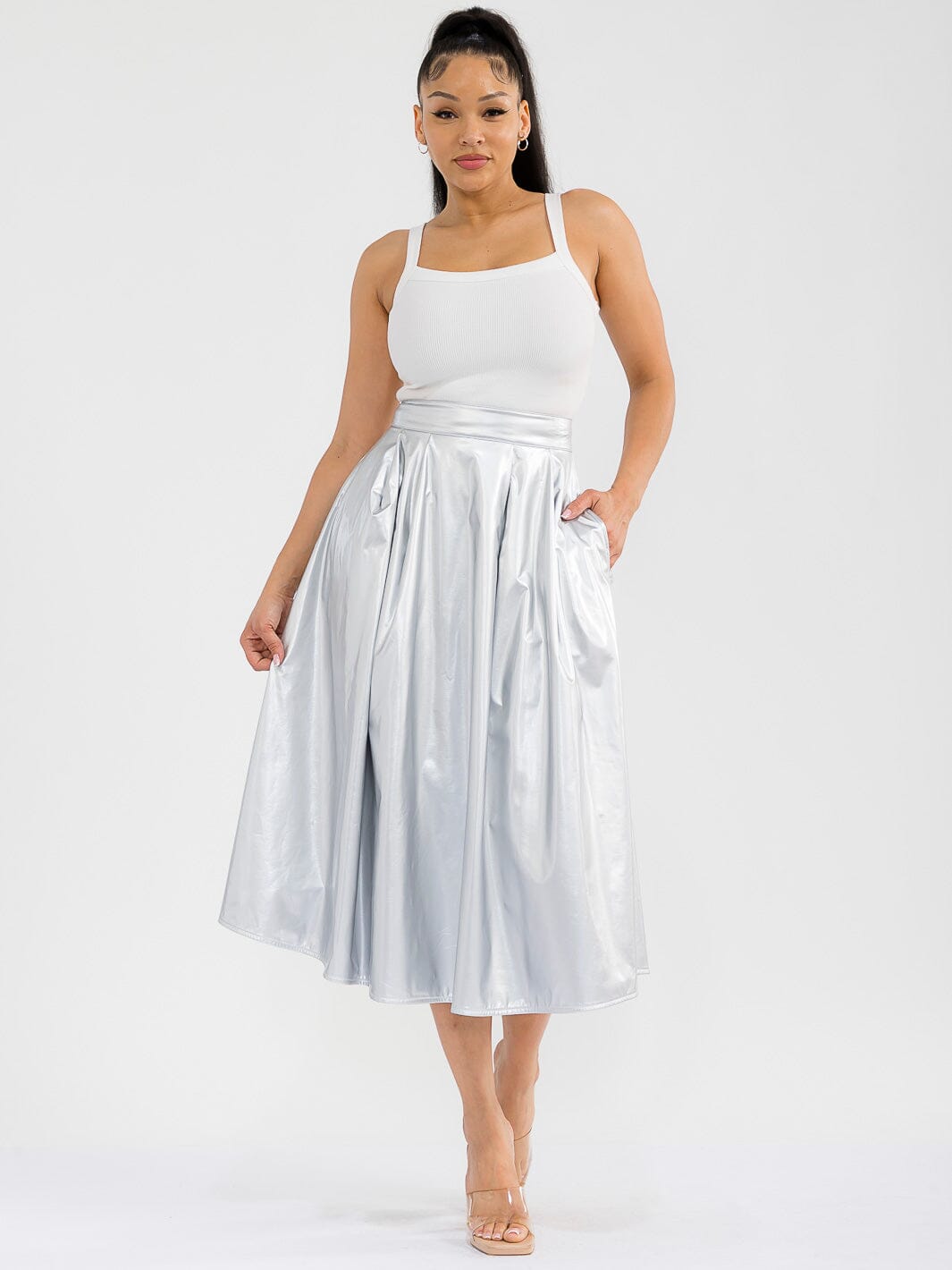 WOMEN'S ZIPPER CLOSURE FRONT POCKETS PU PLEATHER MIDI SKIRT