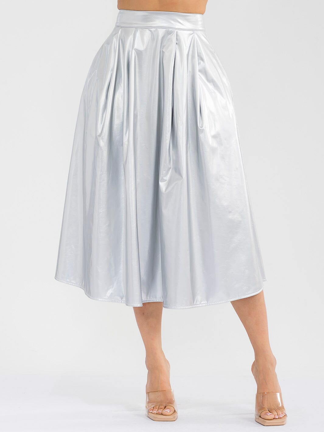 WOMEN'S ZIPPER CLOSURE FRONT POCKETS PU PLEATHER MIDI SKIRT