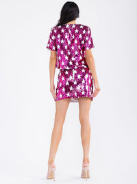 WOMEN'S SHORT SLEEVE STARS PRINT SEQUINS BLOUSE