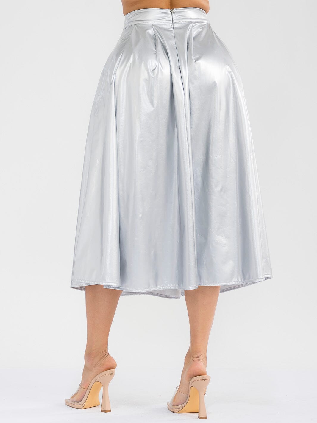 WOMEN'S ZIPPER CLOSURE FRONT POCKETS PU PLEATHER MIDI SKIRT