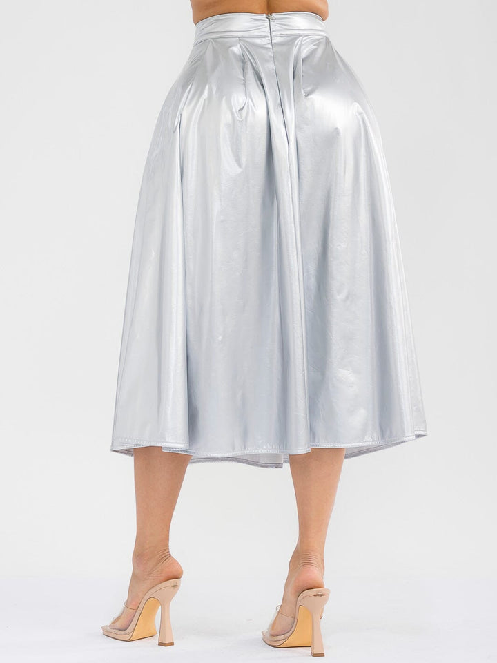 WOMEN'S ZIPPER CLOSURE FRONT POCKETS PU PLEATHER MIDI SKIRT