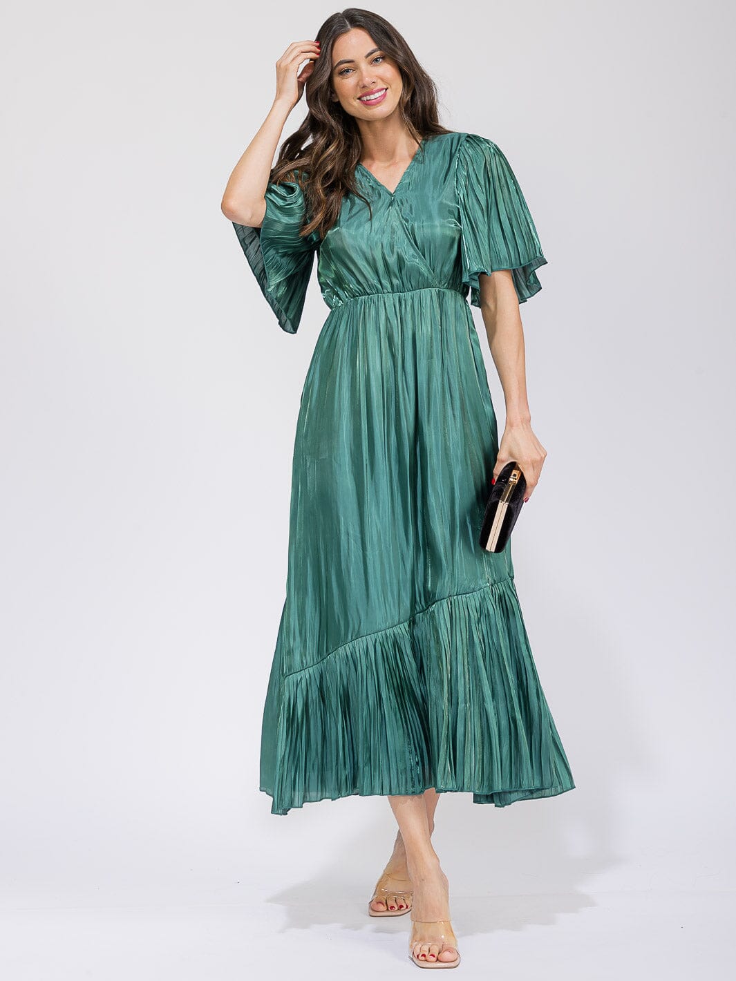 WOMEN'S SHORT SLEEVE SURPLICE TIERED MAXI DRESS
