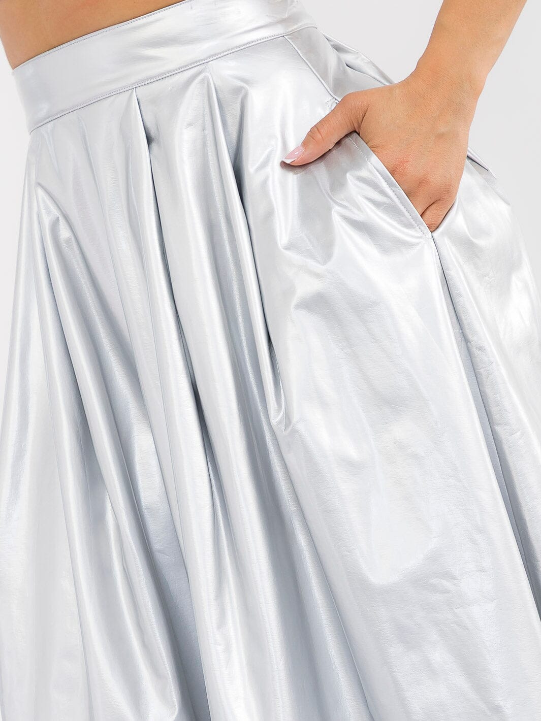 WOMEN'S ZIPPER CLOSURE FRONT POCKETS PU PLEATHER MIDI SKIRT