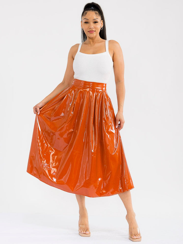 WOMEN'S ZIPPER CLOSURE FRONT POCKETS PU PLEATHER MIDI SKIRT