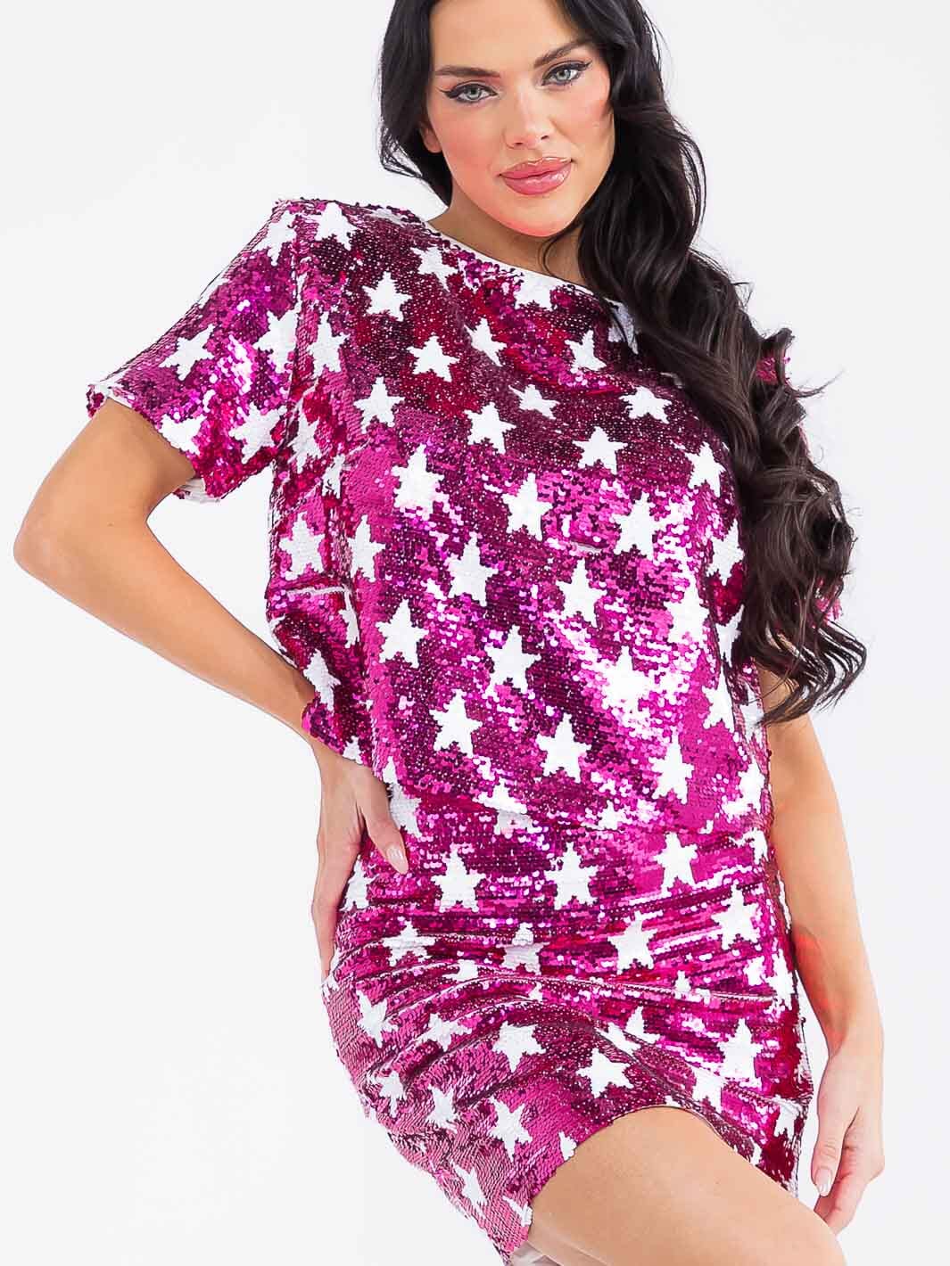 WOMEN'S SHORT SLEEVE STARS PRINT SEQUINS BLOUSE