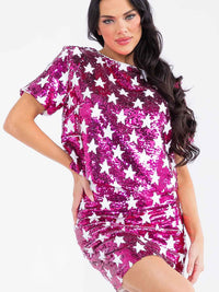 WOMEN'S SHORT SLEEVE STARS PRINT SEQUINS BLOUSE
