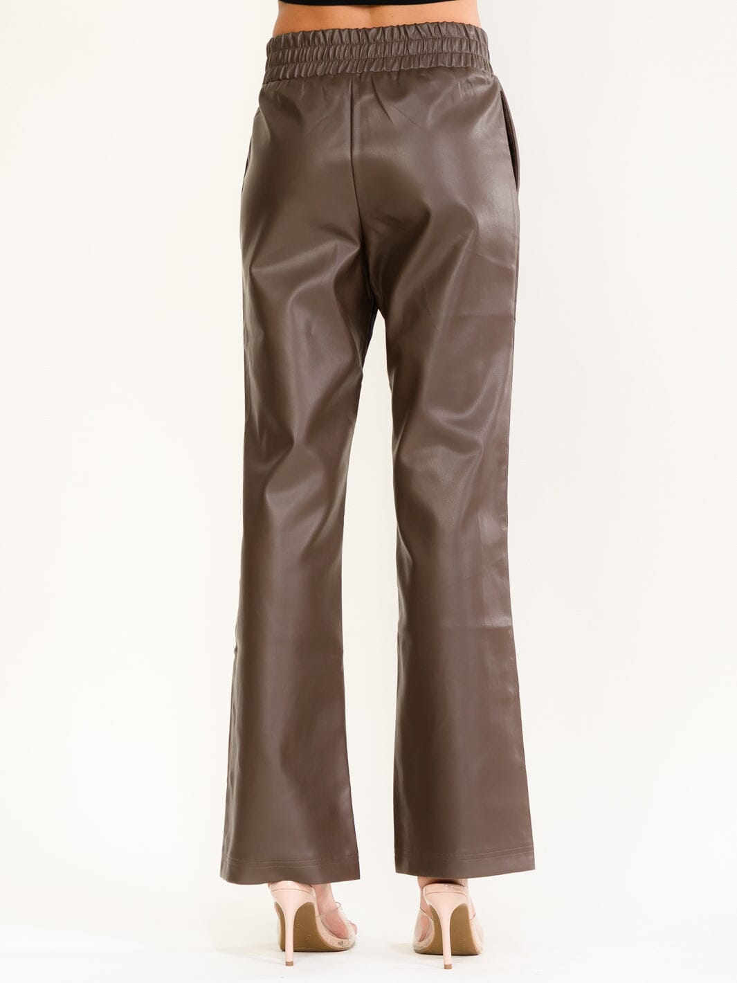 WOMEN'S ELASTIC WAIST FRONT POCKETS STRAIGHT LEG PU PLEATHER PANTS