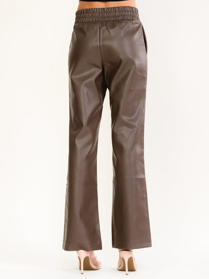 WOMEN'S ELASTIC WAIST FRONT POCKETS STRAIGHT LEG PU PLEATHER PANTS