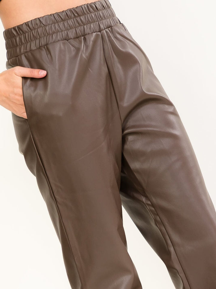 WOMEN'S ELASTIC WAIST FRONT POCKETS STRAIGHT LEG PU PLEATHER PANTS