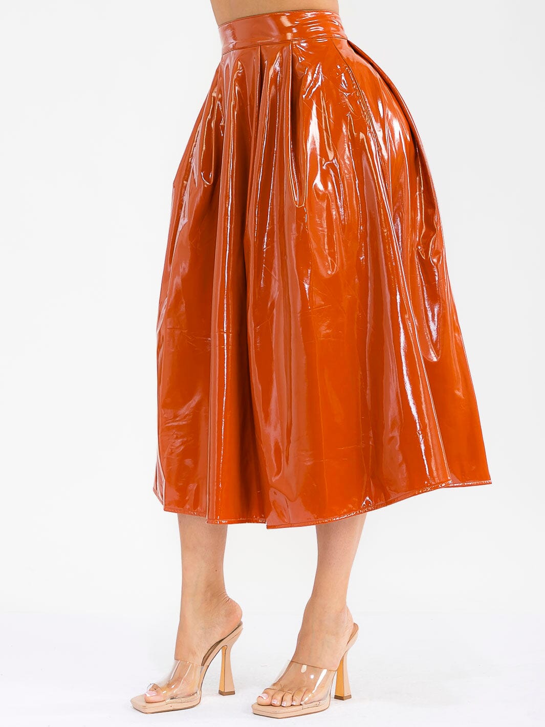 WOMEN'S ZIPPER CLOSURE FRONT POCKETS PU PLEATHER MIDI SKIRT