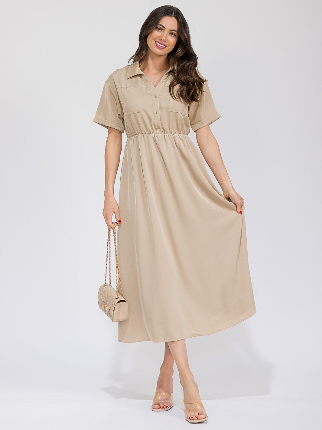 WOMEN'S SHORT SLEEVE BUTTON UP ELASTIC WAIST FRONT POCKETS MAXI DRESS