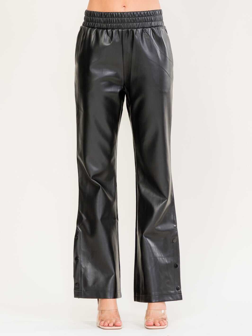 WOMEN'S ELASTIC WAIST FRONT POCKETS STRAIGHT LEG PU PLEATHER PANTS