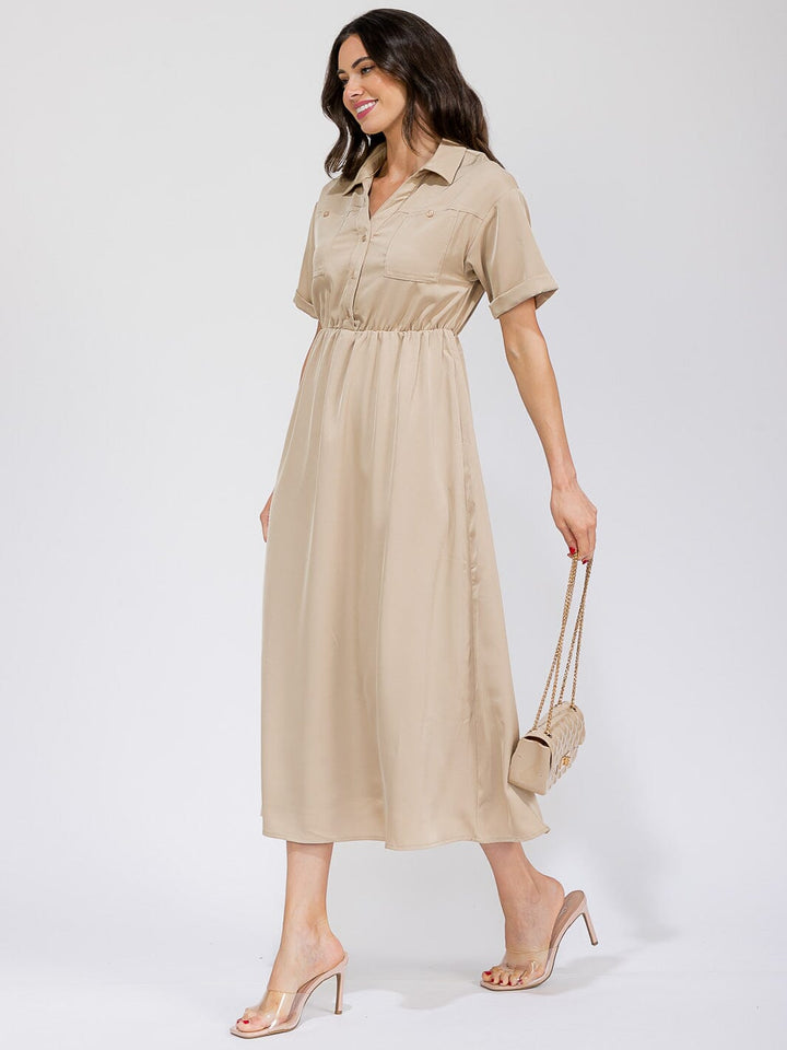 WOMEN'S SHORT SLEEVE BUTTON UP ELASTIC WAIST FRONT POCKETS MAXI DRESS