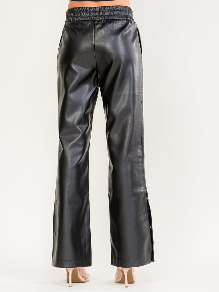 WOMEN'S ELASTIC WAIST FRONT POCKETS STRAIGHT LEG PU PLEATHER PANTS