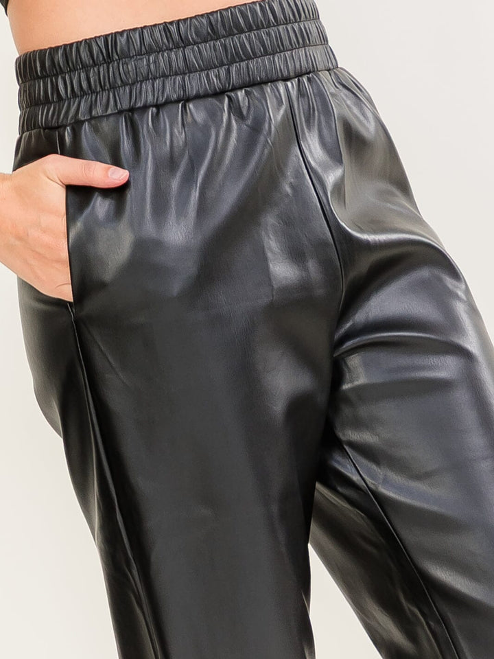 WOMEN'S ELASTIC WAIST FRONT POCKETS STRAIGHT LEG PU PLEATHER PANTS