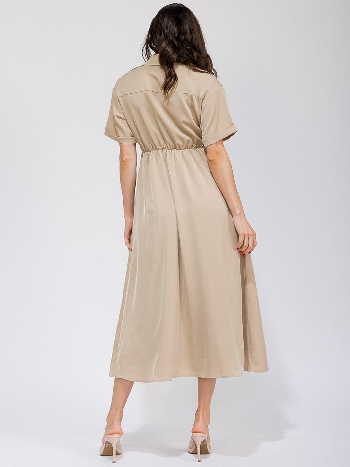 WOMEN'S SHORT SLEEVE BUTTON UP ELASTIC WAIST FRONT POCKETS MAXI DRESS