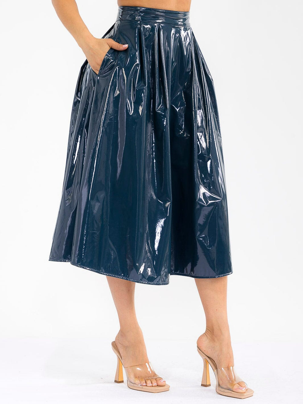 WOMEN'S ZIPPER CLOSURE FRONT POCKETS PU PLEATHER MIDI SKIRT