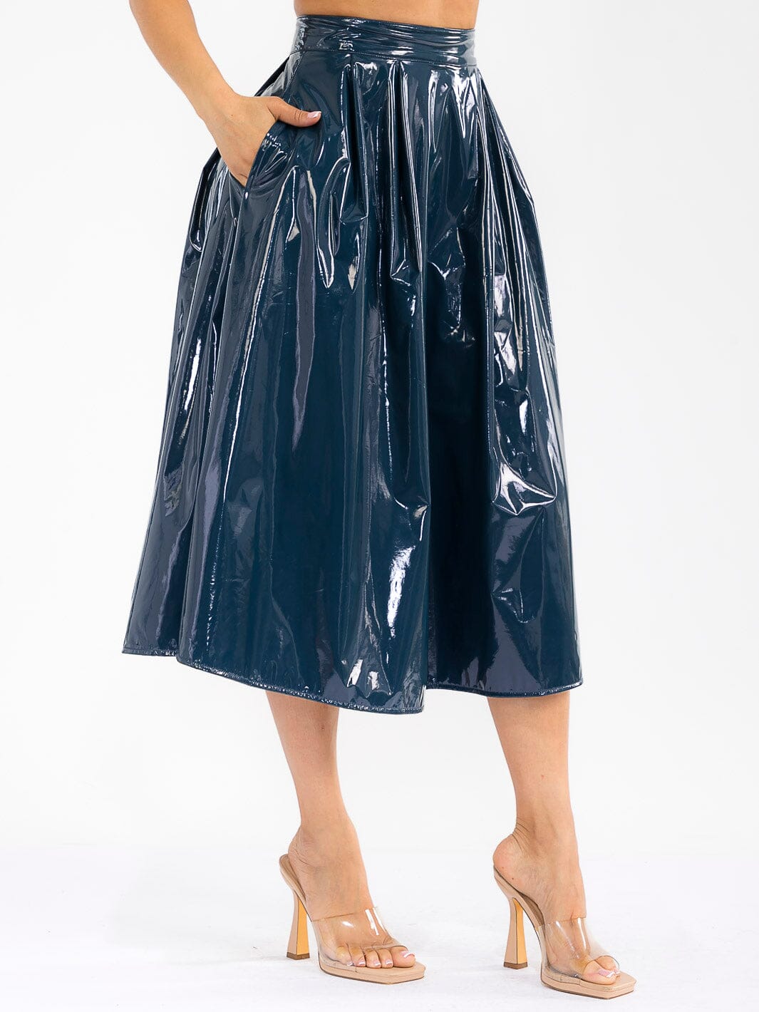 WOMEN'S ZIPPER CLOSURE FRONT POCKETS PU PLEATHER MIDI SKIRT