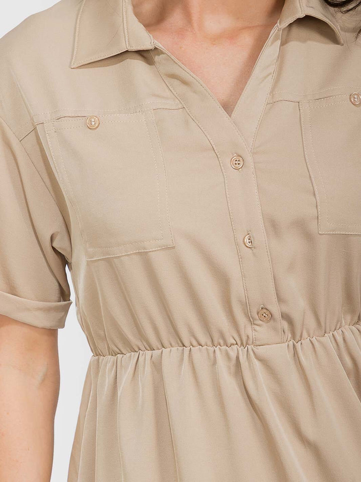 WOMEN'S SHORT SLEEVE BUTTON UP ELASTIC WAIST FRONT POCKETS MAXI DRESS
