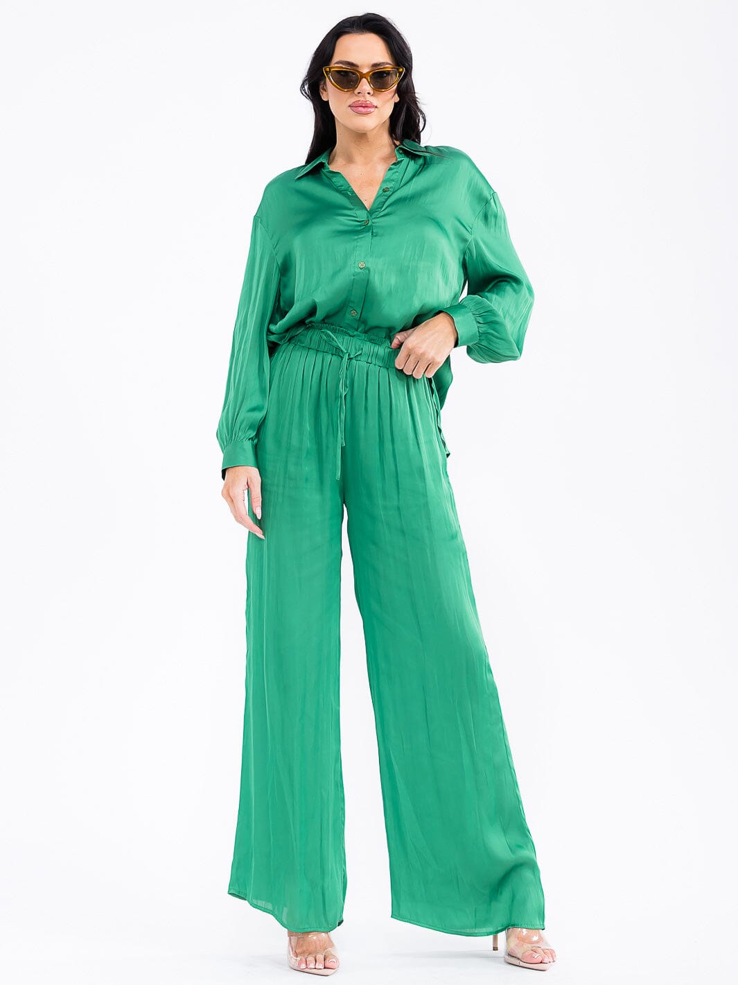 WOMEN'S ELASTIC WAIST FRONT POCKETS WIDE LEG PANTS