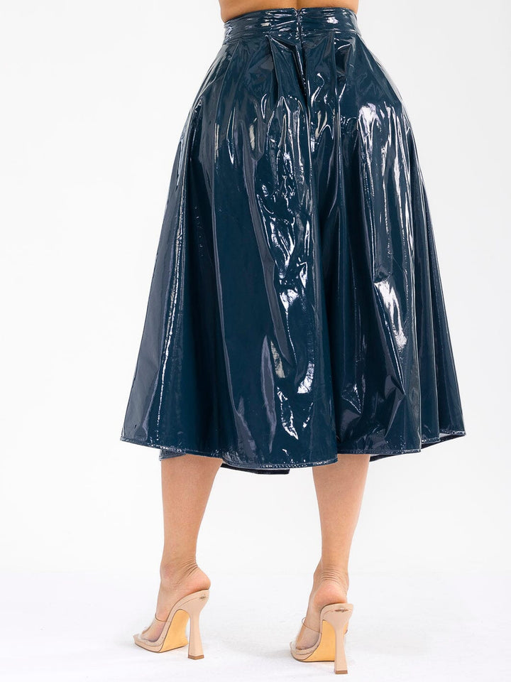 WOMEN'S ZIPPER CLOSURE FRONT POCKETS PU PLEATHER MIDI SKIRT