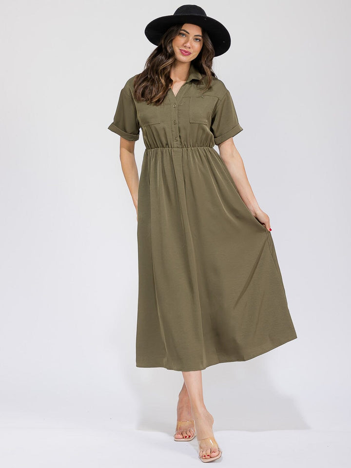 WOMEN'S SHORT SLEEVE BUTTON UP ELASTIC WAIST FRONT POCKETS MAXI DRESS