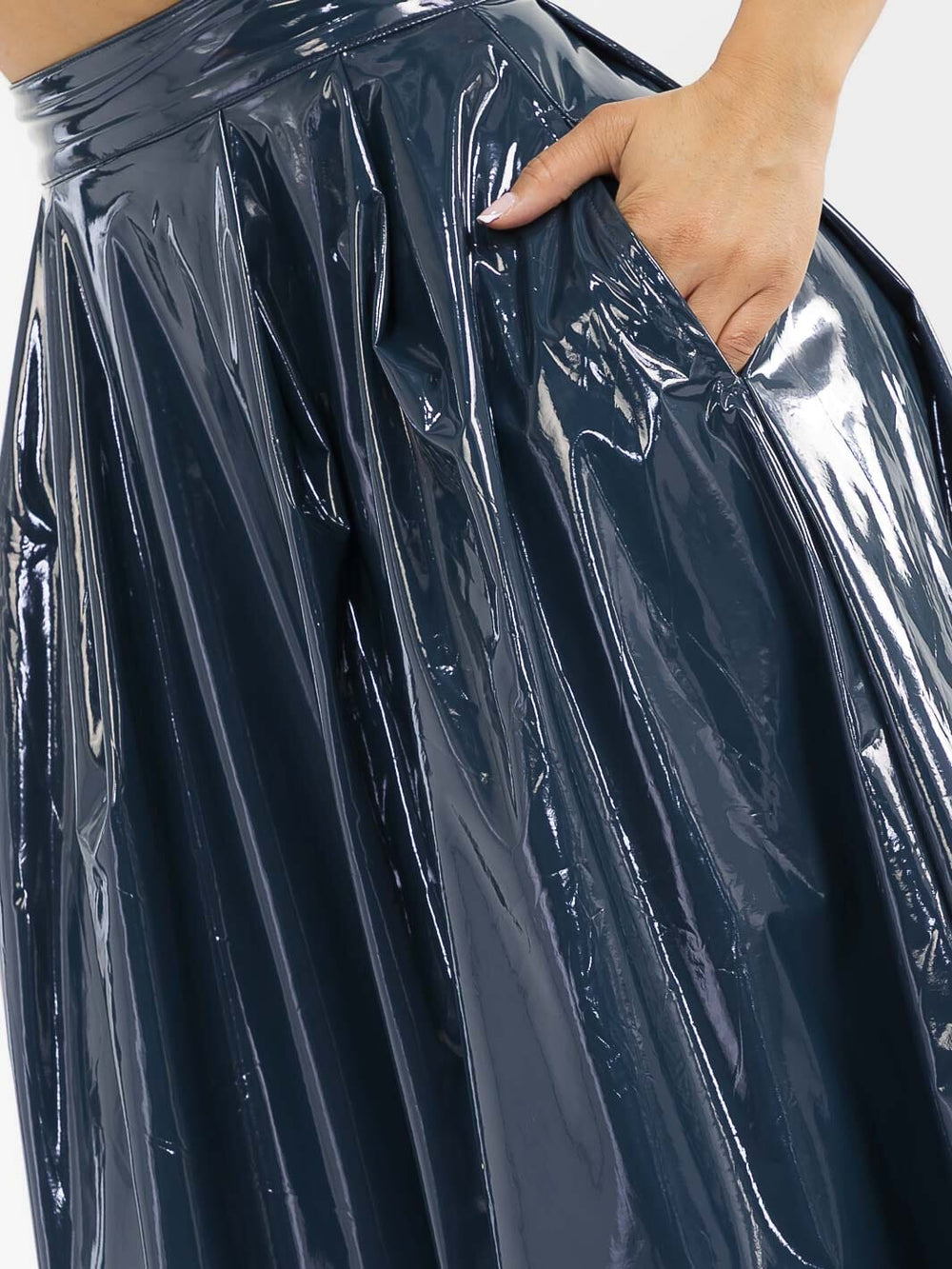 WOMEN'S ZIPPER CLOSURE FRONT POCKETS PU PLEATHER MIDI SKIRT