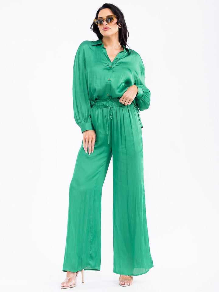 WOMEN'S ELASTIC WAIST FRONT POCKETS WIDE LEG PANTS