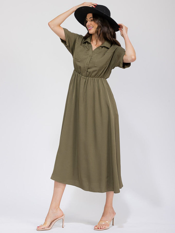 WOMEN'S SHORT SLEEVE BUTTON UP ELASTIC WAIST FRONT POCKETS MAXI DRESS