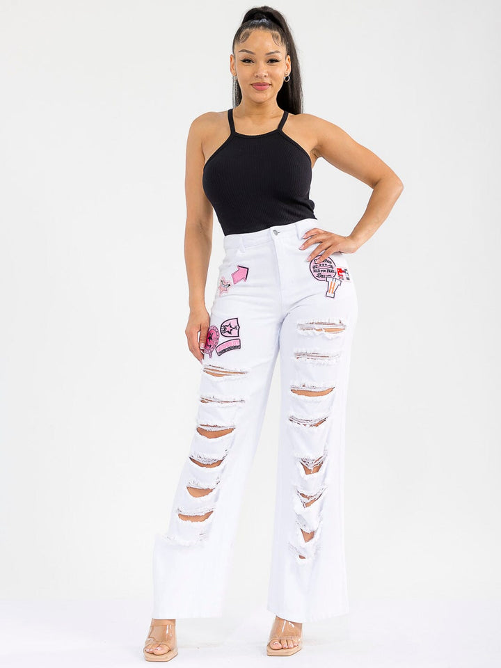 WOMEN'S BUTTON CLOSURE POCKETS DENIM GRAPHIC DISTRESS WIDE LEG PANTS