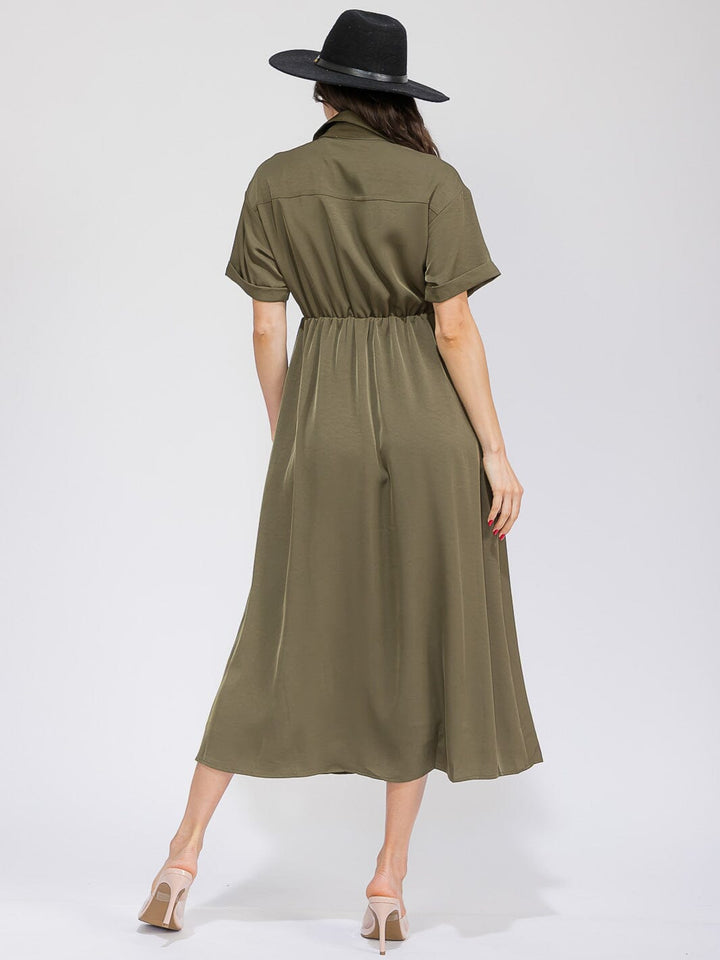 WOMEN'S SHORT SLEEVE BUTTON UP ELASTIC WAIST FRONT POCKETS MAXI DRESS