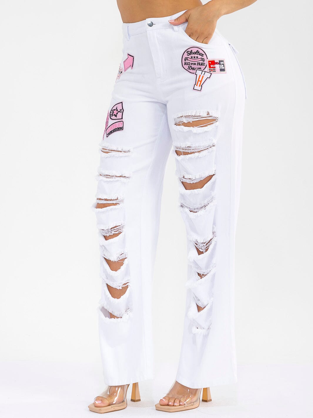 WOMEN'S BUTTON CLOSURE POCKETS DENIM GRAPHIC DISTRESS WIDE LEG PANTS